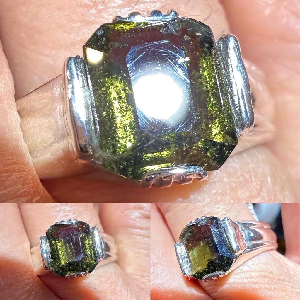 2.4 CT METEORITE MOLDAVITE TEKTITE 925 STERLING SILVER MENS RING SZ 9.5, 6.28 GR