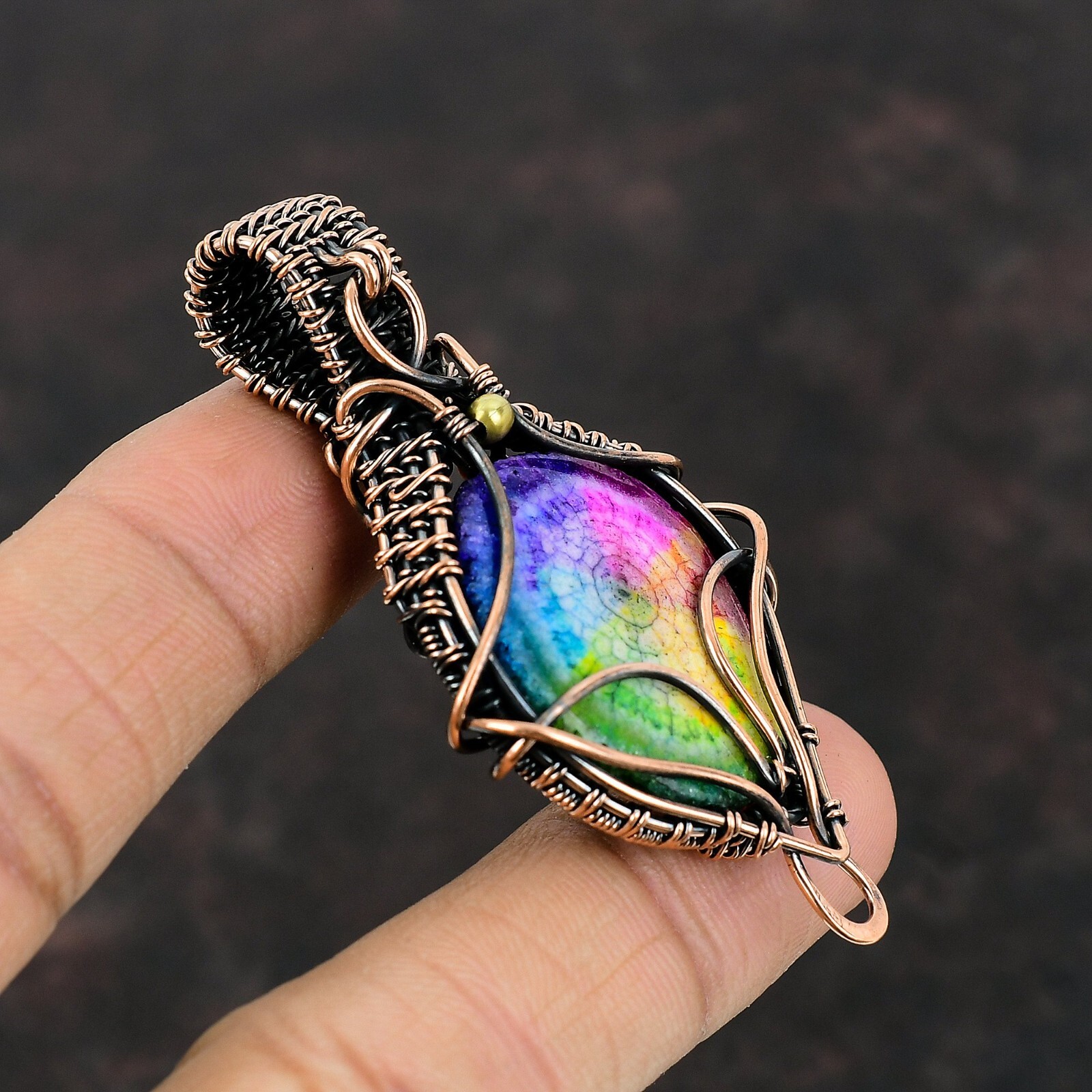 Rainbow Solar Quartz Druzy Copper Gift For Briedsmaid Wire Wrapped Pendant 2.6″