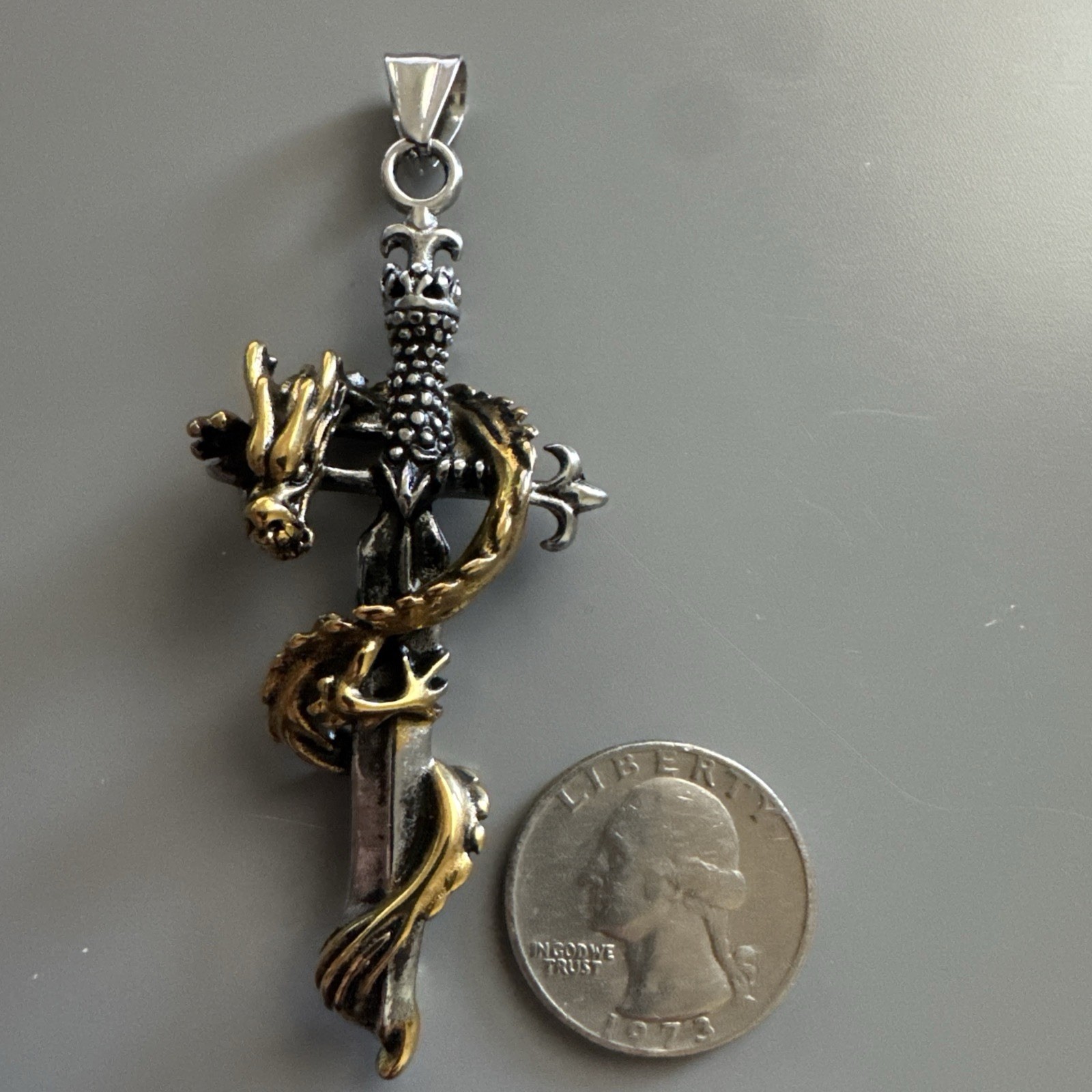 Dagger Sword Dragon Pendant 24” Chain Stainless Steel Viking Gothic Gift Vintage