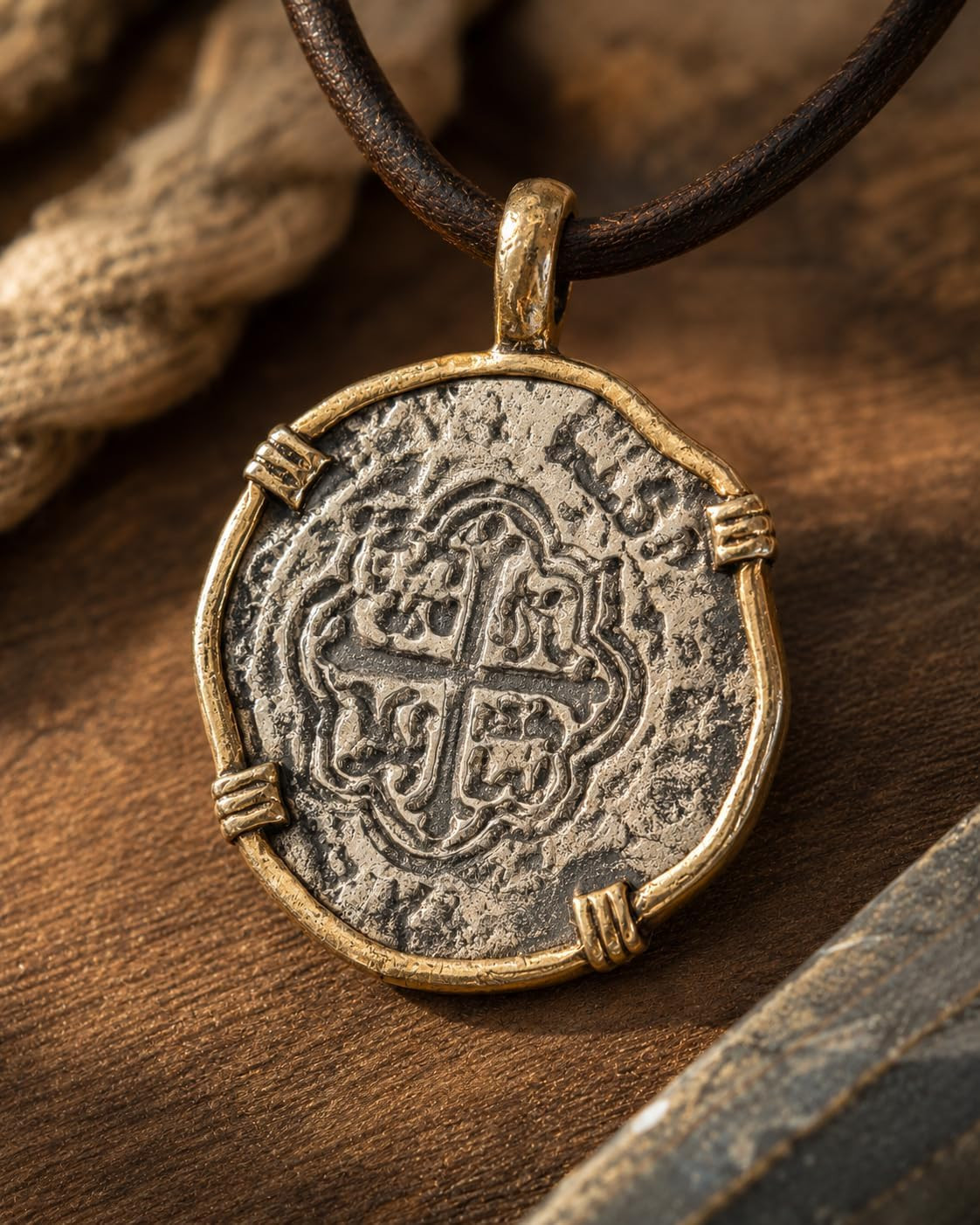 Atocha Shipwreck Replica Necklace Pendant Coin, Antique Silver Finish with Gold-