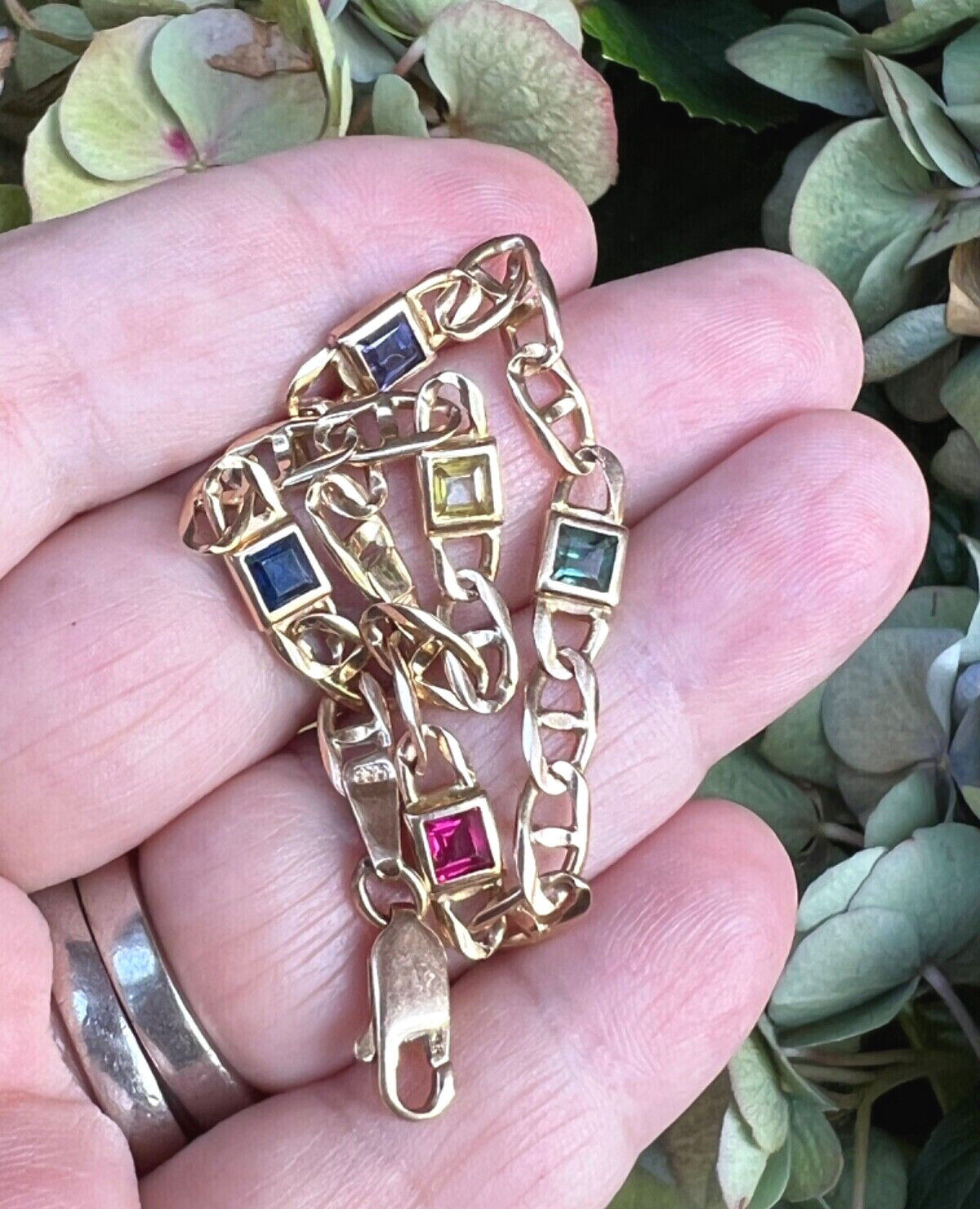 14K YELLOW GOLD MULTI GEMSTONES FIGARO BRACELET MADE IN ITALY CANDY COLORS