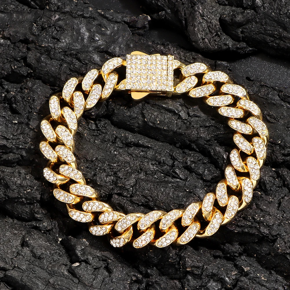 Iced Out Cuban Link Chain Bracelet for Men and Women Gold Tone Rhinestone Wristb