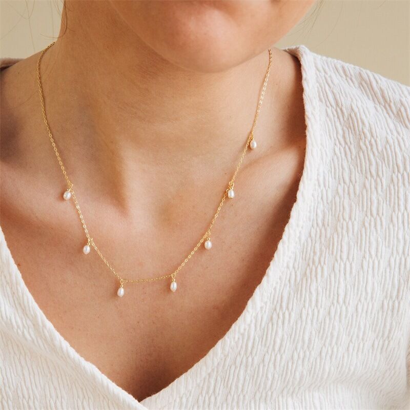 Women 14K Gold Plated Stainless Steel Pearl Tassel Pendant Chain Necklace