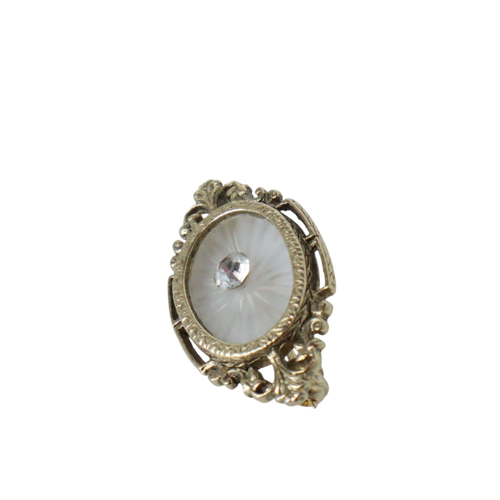 Vintage Camphor Glass Rhinestone Brooch Pin Gold Tone Filigree Oval Art Nouveau
