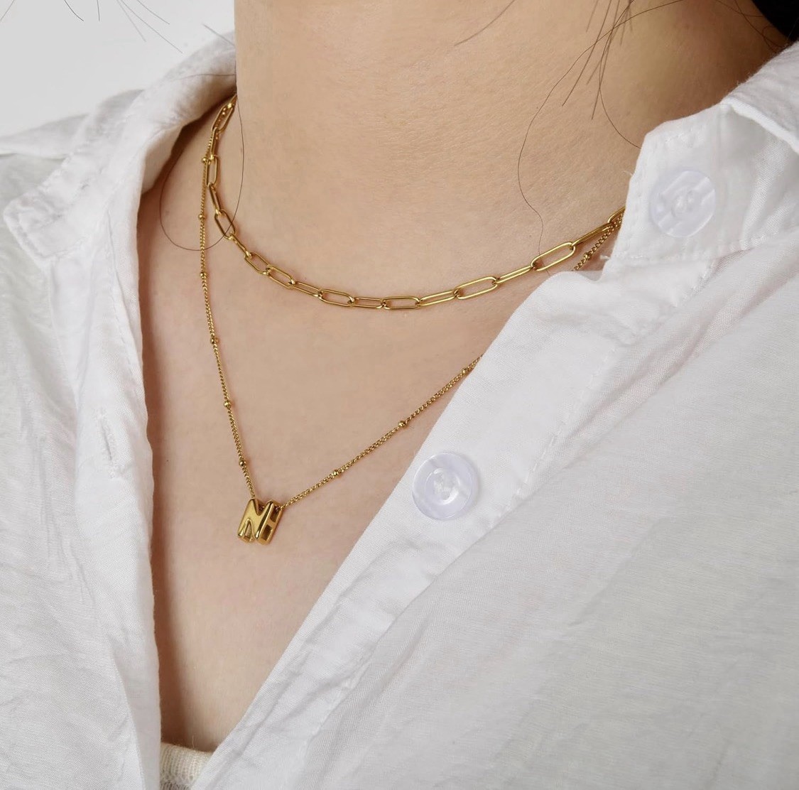 Gold Tone Layered Paperclip Chain Alphabet Letter Pendant Necklace