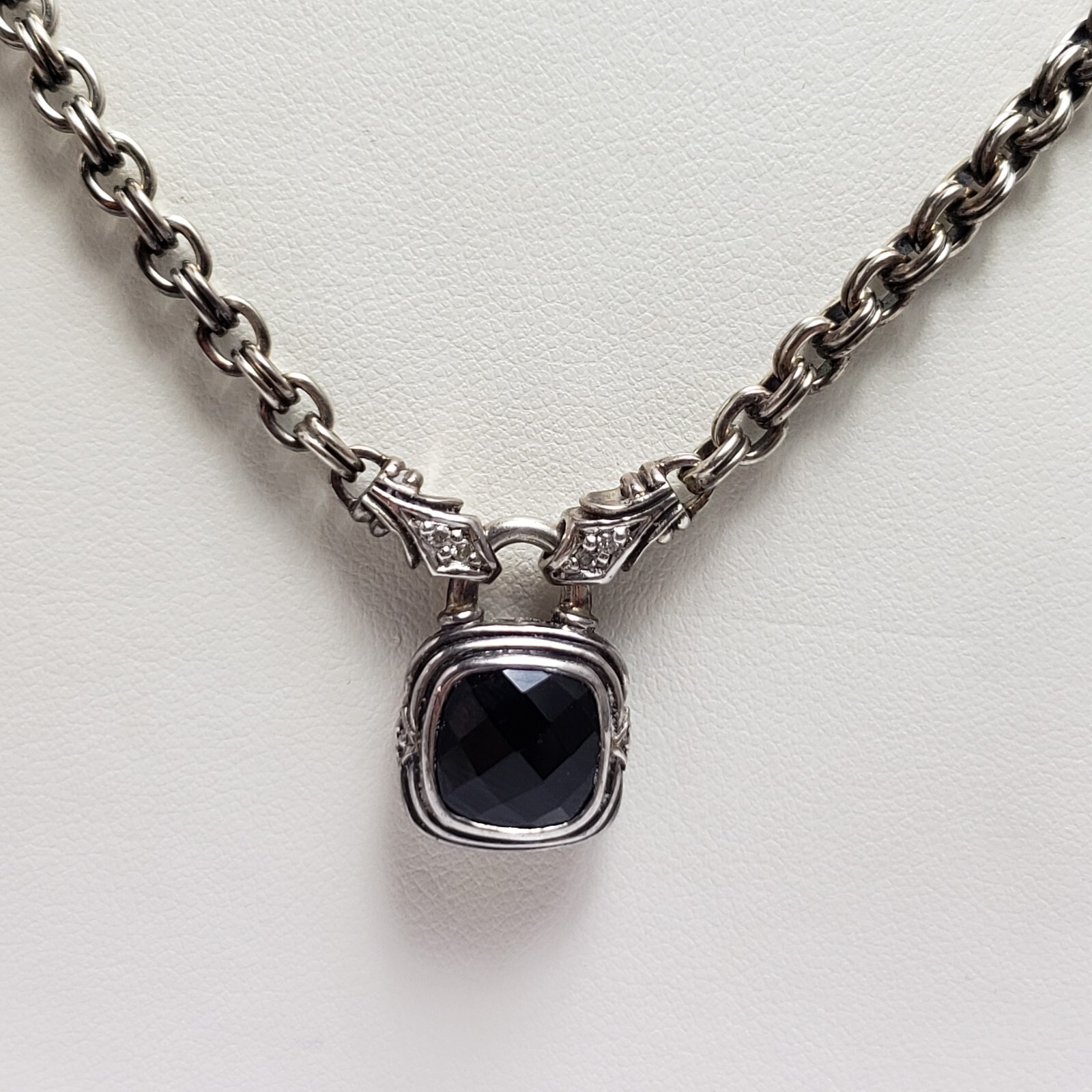 Scott Kay Sterling Silver Cushion Cut Black Onyx Diamond Necklace 16″