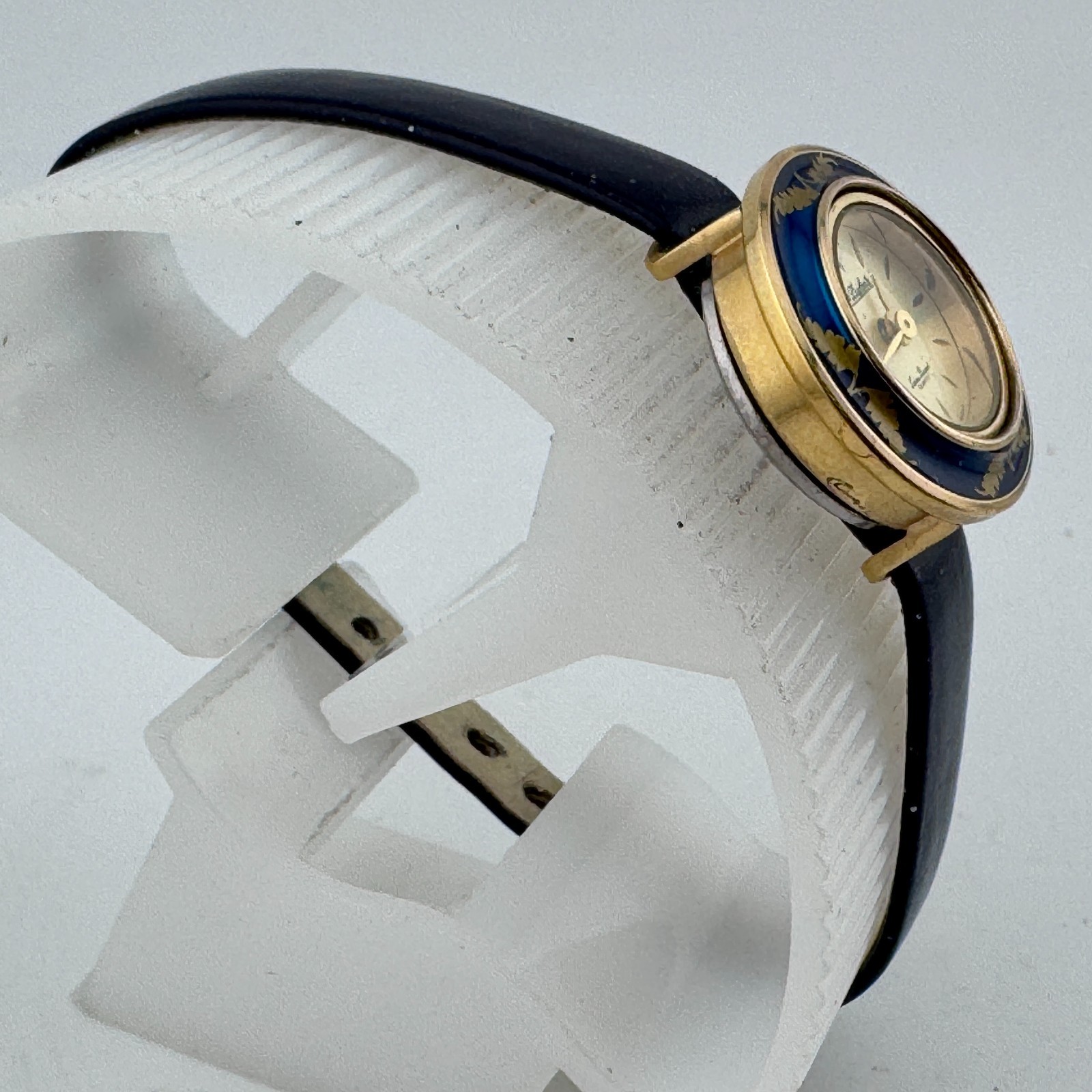 VTG Dufonte Quartz Watch Women 20mm Gold Tone Enamel Bezel Leather New Battery
