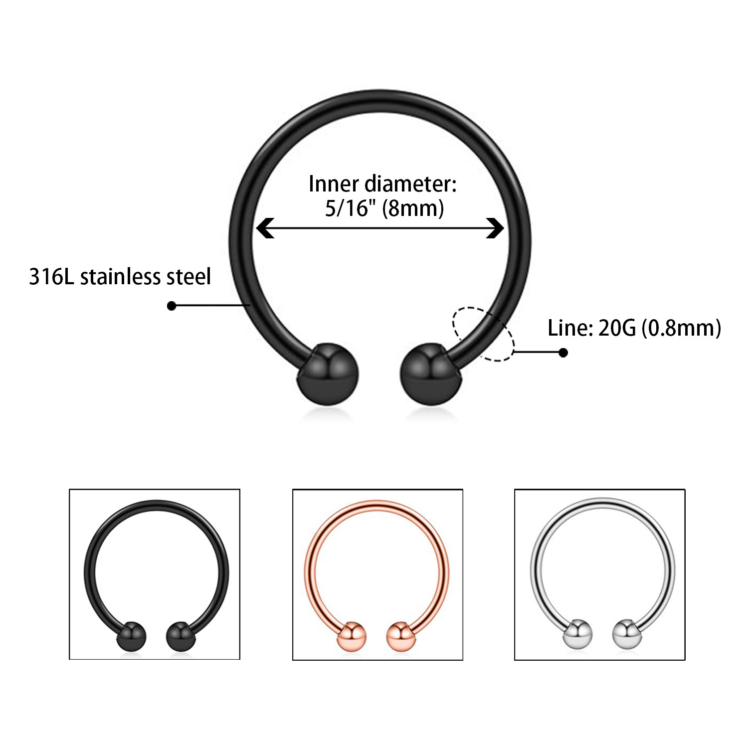 6Pcs 20G Horseshoe Septum Earrings Tragus Lip Nose Eyebrow Body Piercing Ring