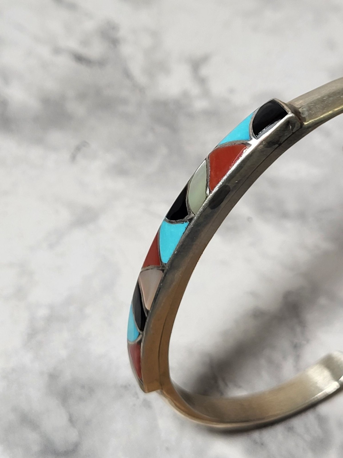 Sterling Silver Cuff Bracelet Multicolor Inlay Sourhwestern Gemstone Artisan 6″