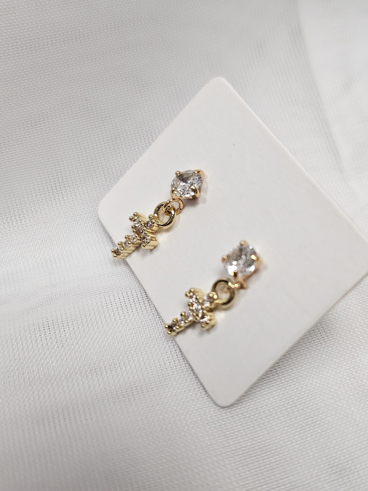 Gold Tone Clear Crystal Rhinestone Cross Dangle Stud Earrings Butterfly Back