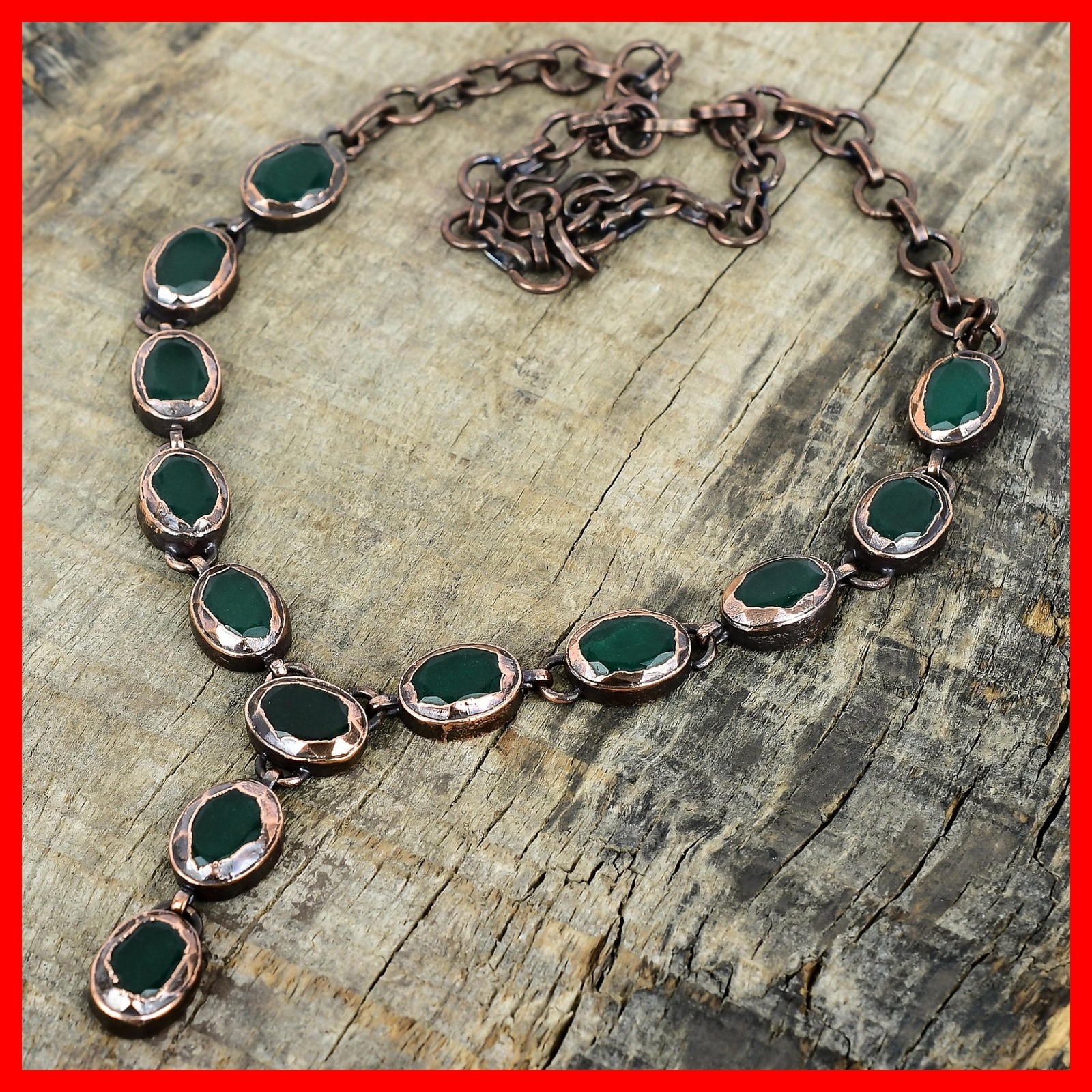 Oval Natural Zambian Emrald Copper Electroformed Chain Art Deco Elegant Necklace