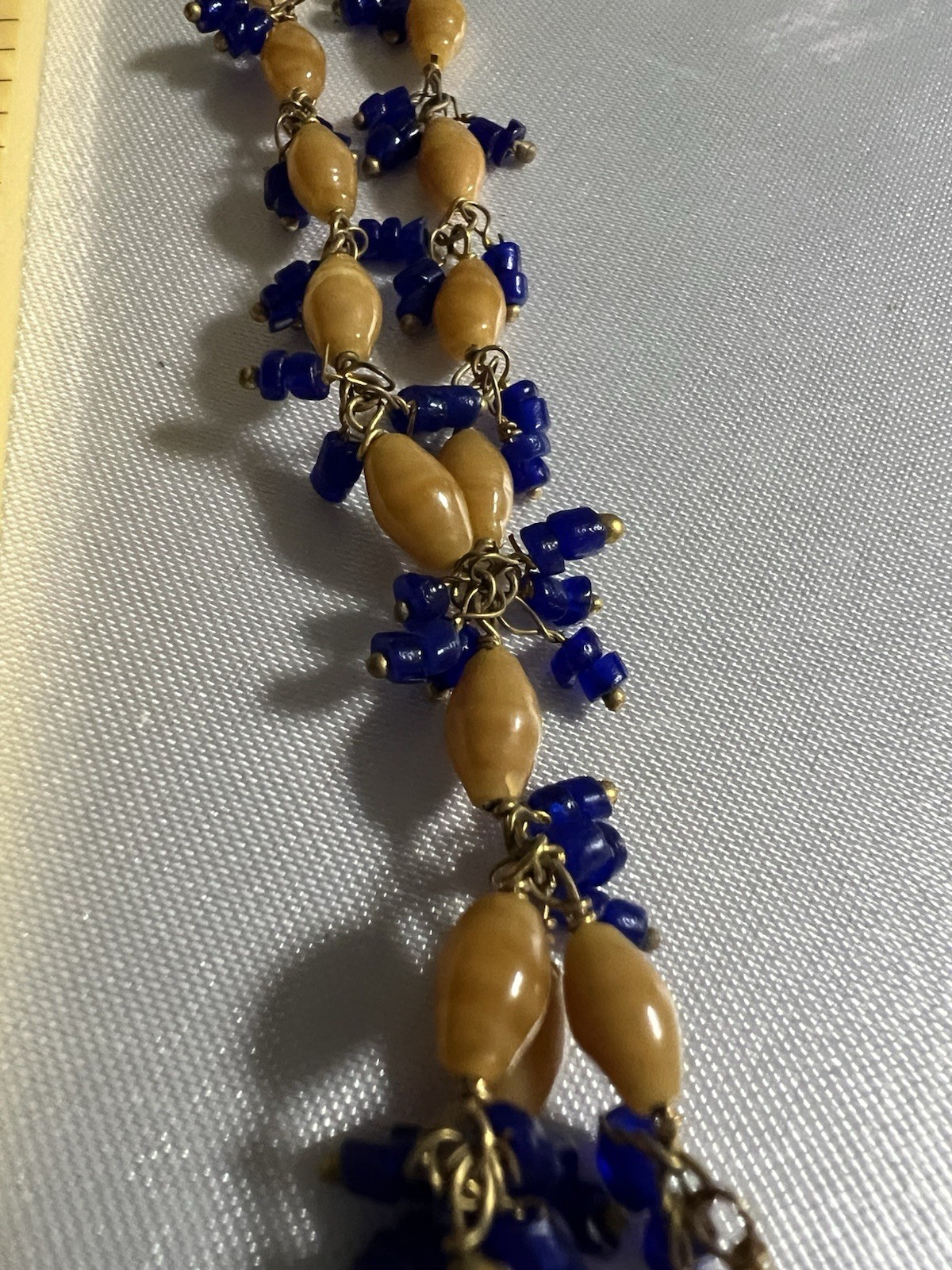 Vintage Mid Century Czech Glass Y Necklace Cobalt Blue Caramel Drop 25″