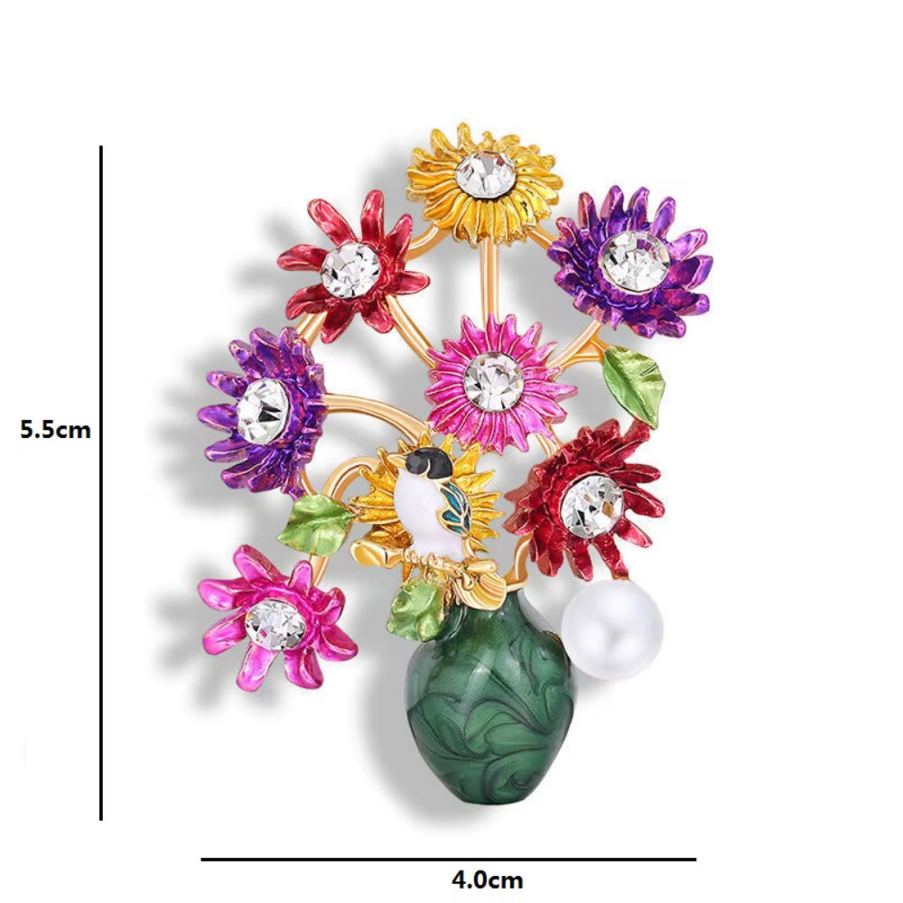 Luxury Rhinestone Flower Bouquet Brooch Gold Bird Pin Spring Summer Jewelry Gift