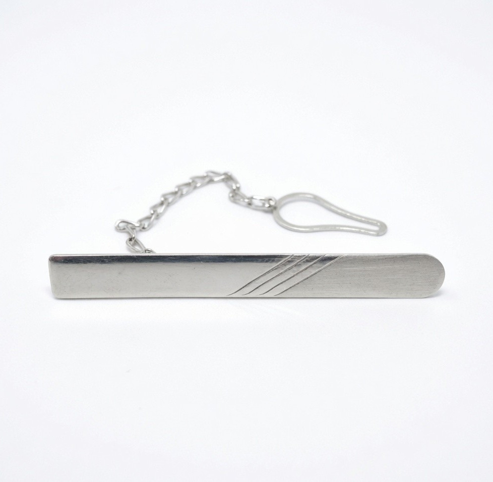 Men’s 6.5 Gram Sterling Silver 925 Rectangle Tie Bar/Clip with Chain, Silver