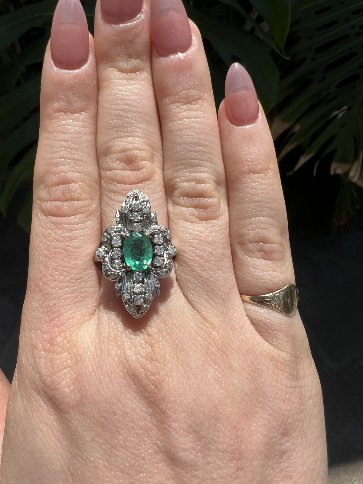 STUNNING 1ct EMERALD ring 14k white gold MANY diamonds MAY birthday ART DECO