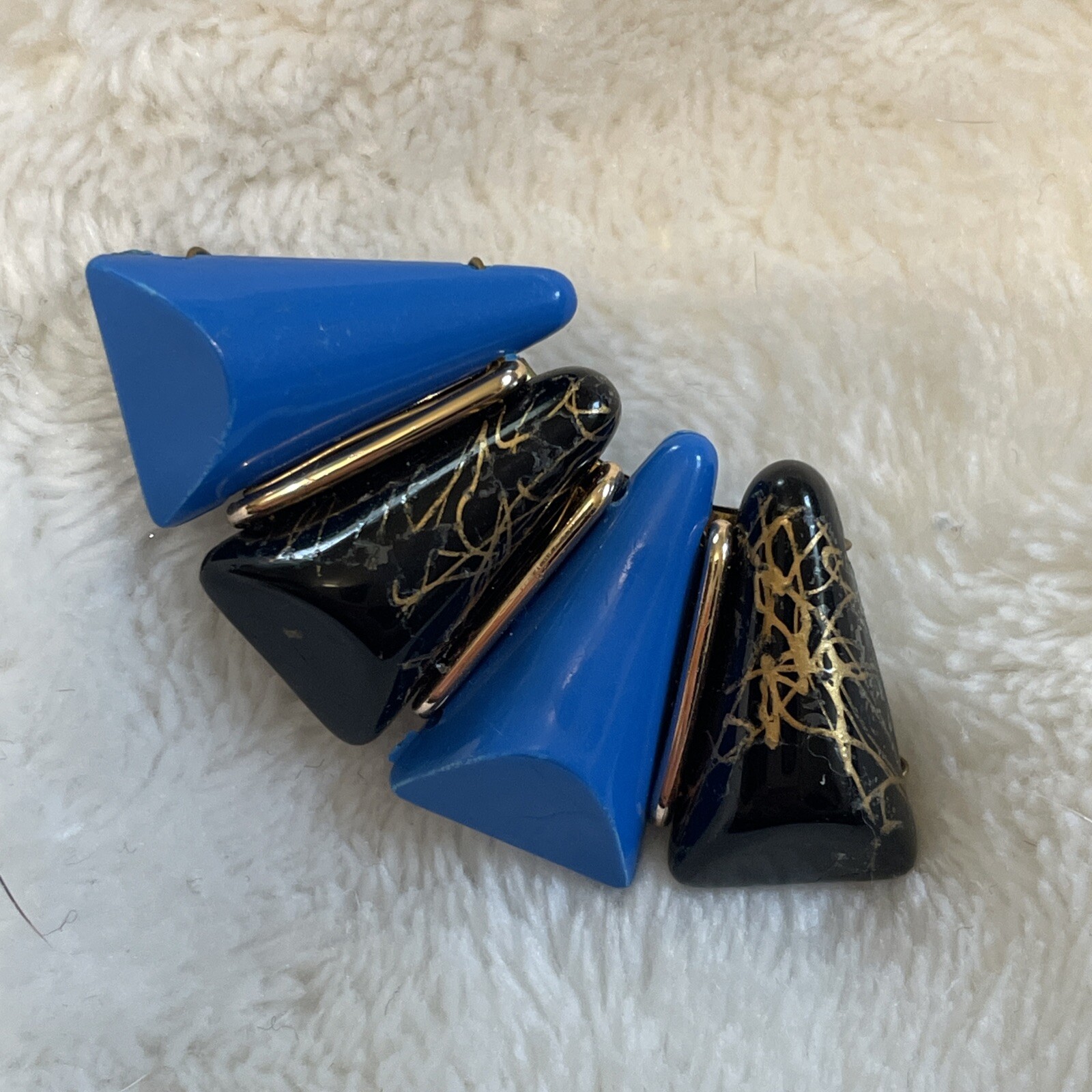 Western Germany Earrings VTG Signed Lucite Blue Black Gold Beaded Nice Clip Rare