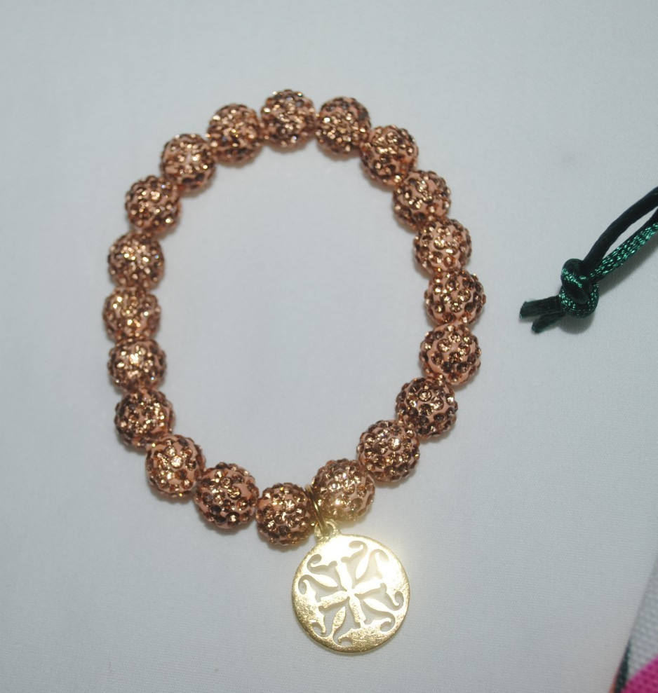 Rustic Cuff bracelet, peach/goldtone sparkling beads, charm dangle, w/RC bag