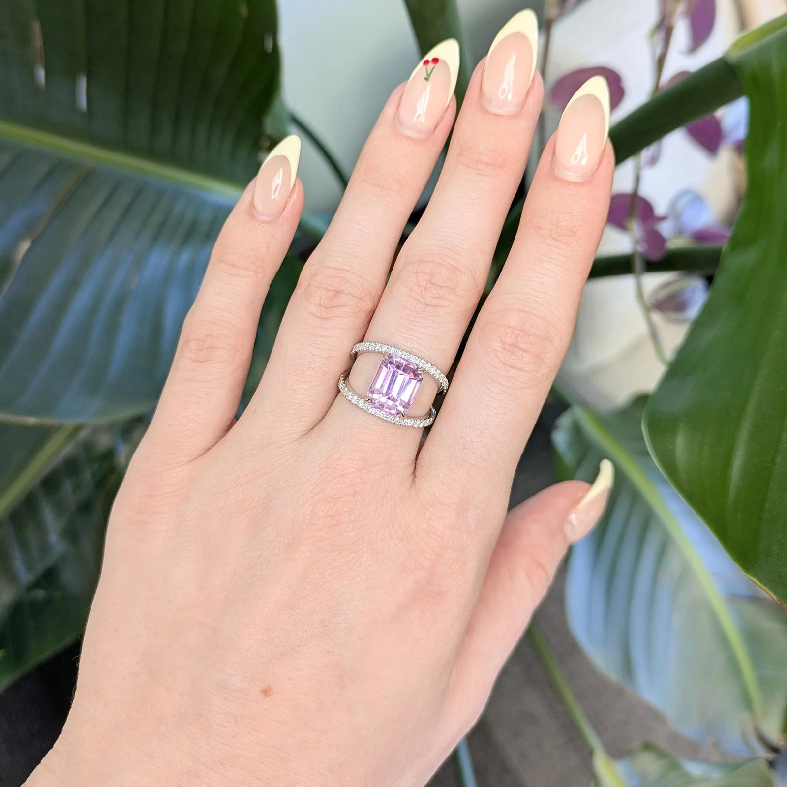 6.26ct Kunzite Emerald Cut Ring Solid 14K White Gold 10x8mm for Women Gift