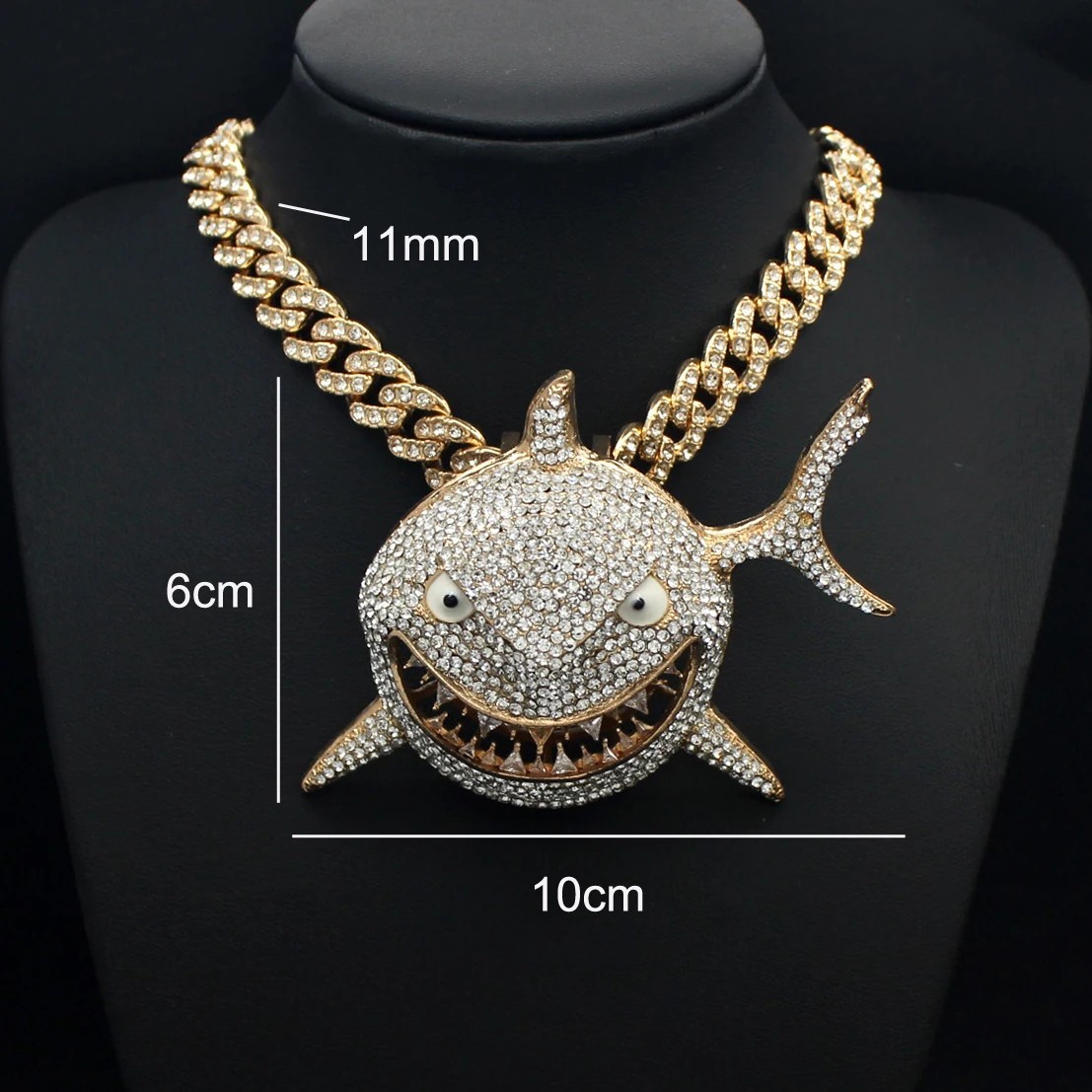 Hip Hop Iced Big Shark Pendant Necklace Crystal Cuban Chain Bling Jewelry Gift