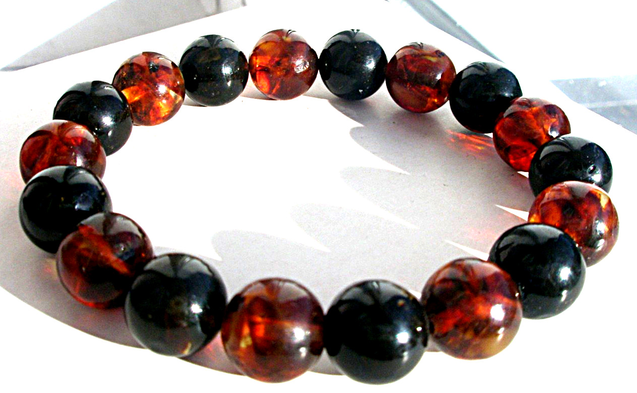 Real Baltic Amber Boho Round Beads 9 mm, Bracelet 16 cm 6.3”, Red Cherry, Black