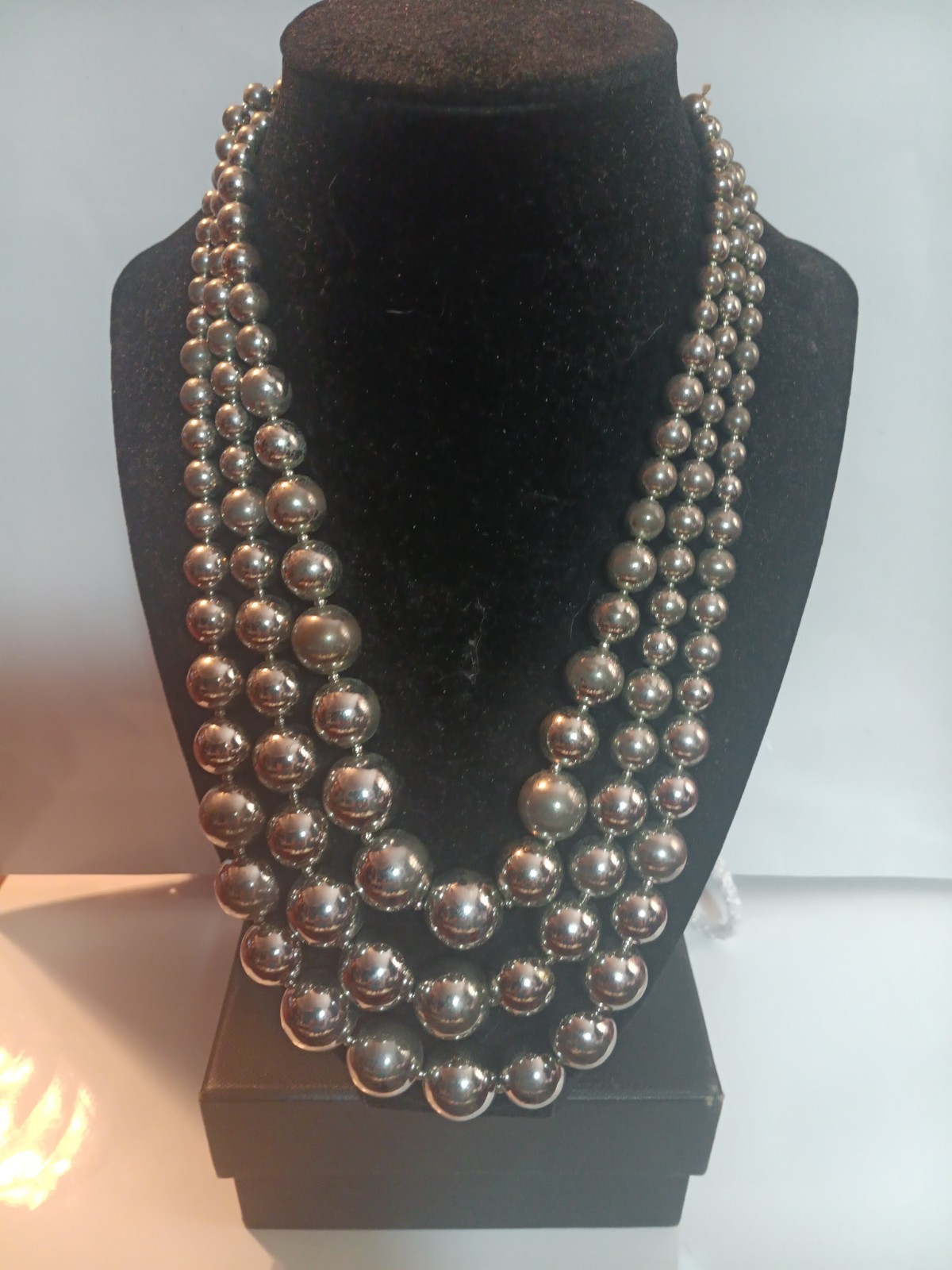 Vintage Gray Silver Layer Multi-Strand Pearl Statement Necklace 18″