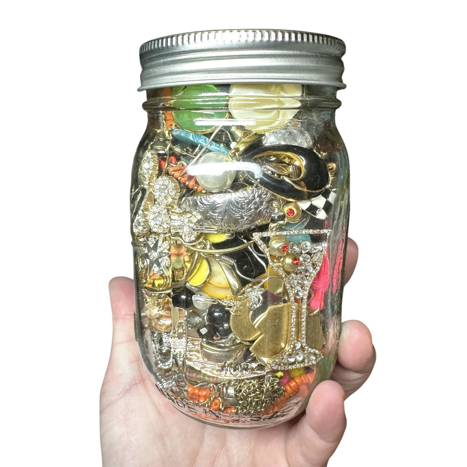 1+Lb Full (1) Ball Mason Jar Mystery Lot All Wearable Jewelry GUC Necklaces Etc.