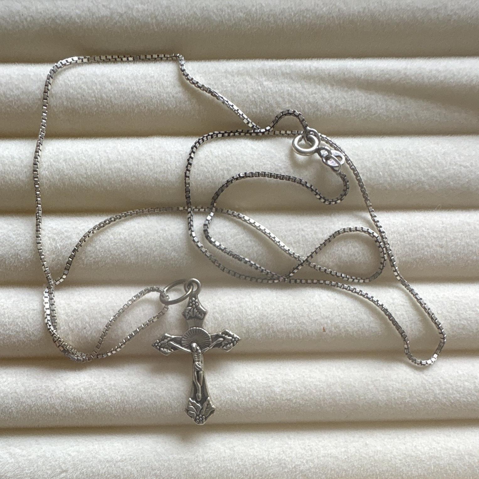 Silver Tone Box Chain Necklace Cross Charm Pendant, Lobster Clasp, Religious