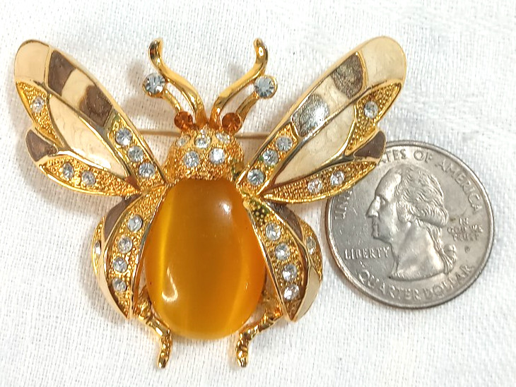 Bee Beetle Pin Brooch Enamel Rhinestones Cabochon Gold Tone Metal 2.5″ STATEMENT