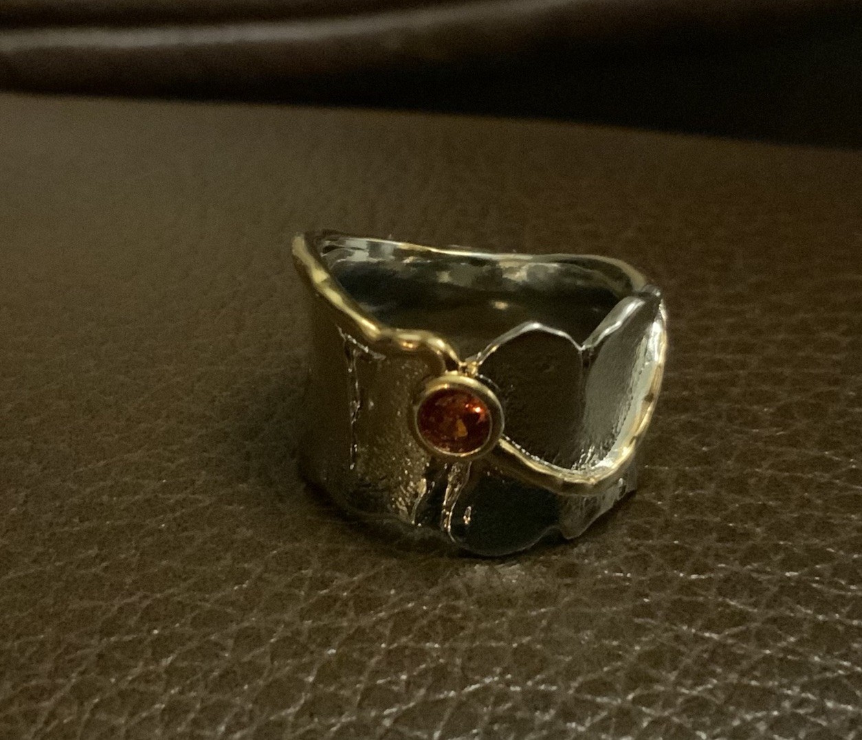Silver Gold Garnet Ring Sz 7 Sundance Catalog Style Brutalist Artisan Boho CZ