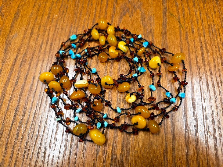Artisan Genuine Amber Turquoise 84″ Beaded Necklace Multi Strand Knotted Cord