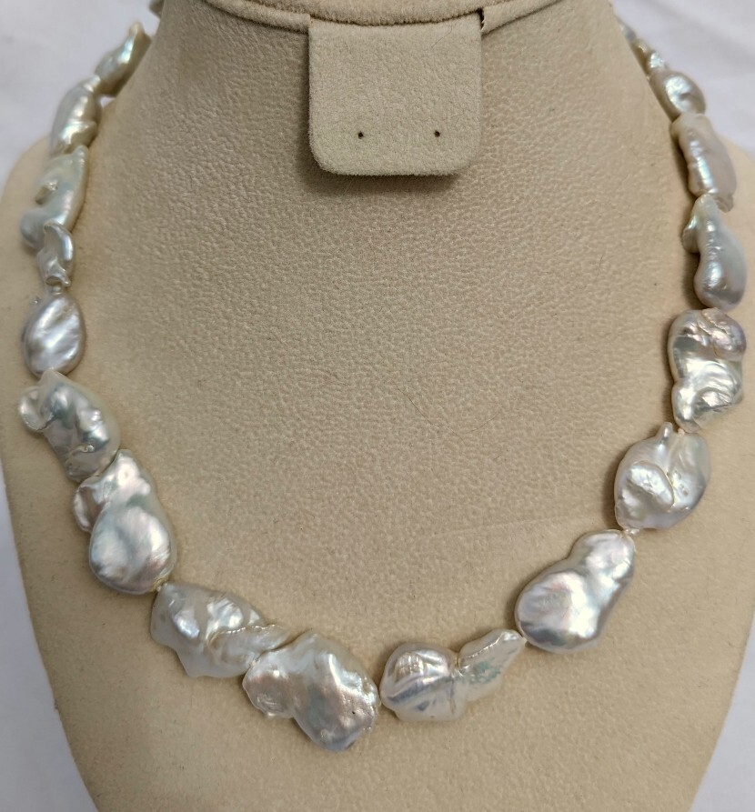 Genusis 15-30mm White Pearl Baroque Cultured Freshwater Necklace Rhodium Over SS