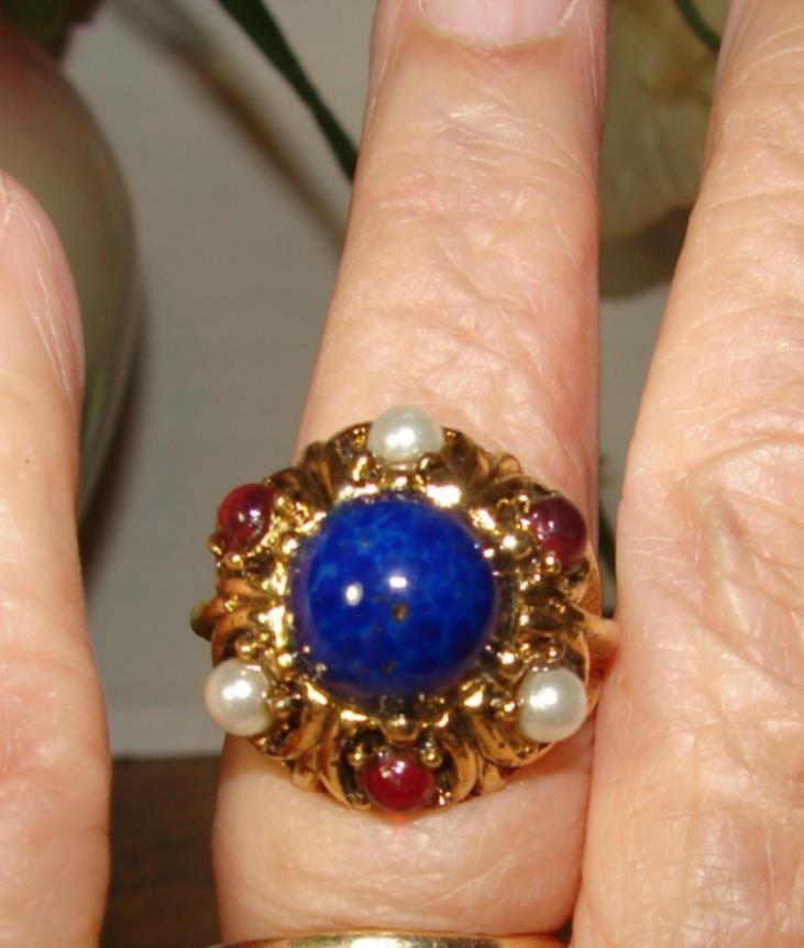 Fashion Adjustable Gold Tone Blue Red Cabochon Faux Stones Sim Pearl Ring Size 7