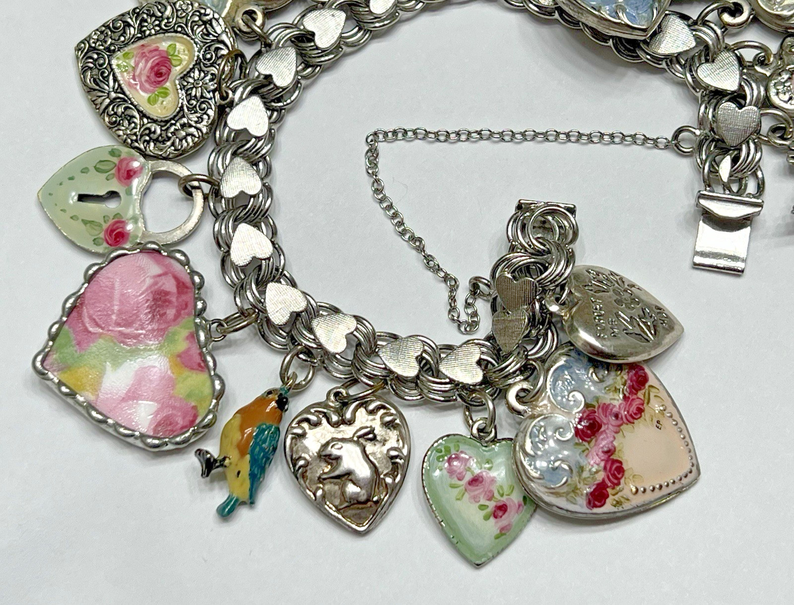Vintage Puffy Hearts Charm Bracelet Sterling Silver Estate Pink Heart Charms US