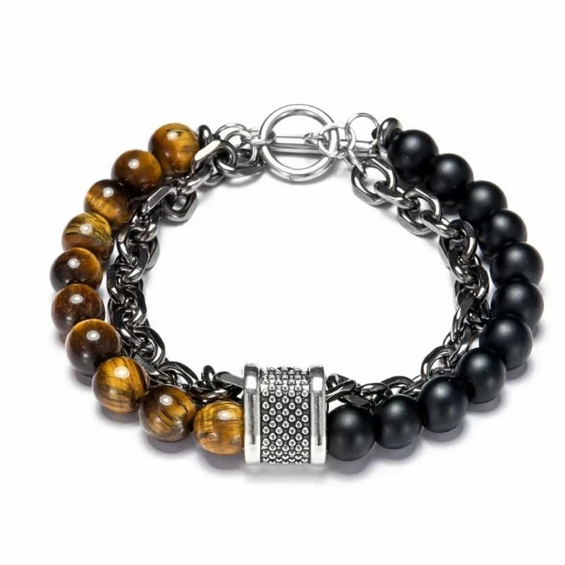 Tiger Eye Beaded Natural Stone Bracelet Bangle Stainless Steel Chain Men Gifts