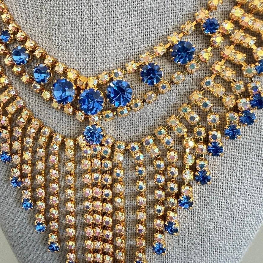 Vintage Blue White AB Rhinestone Bib Necklace 16″ Gold Tone Statement Cocktail