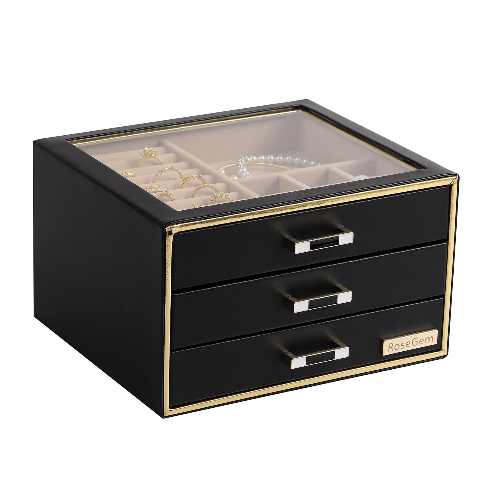 RoseGem Jewelry Box for Women, Glass Lid Organizer with 3 Black