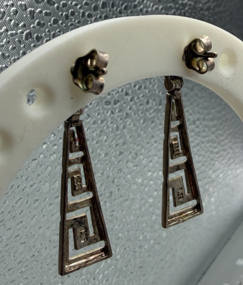 Vintage Sterling .925 Silver Greek Key Dangle/Drop Earrings – 1.5″ Tall