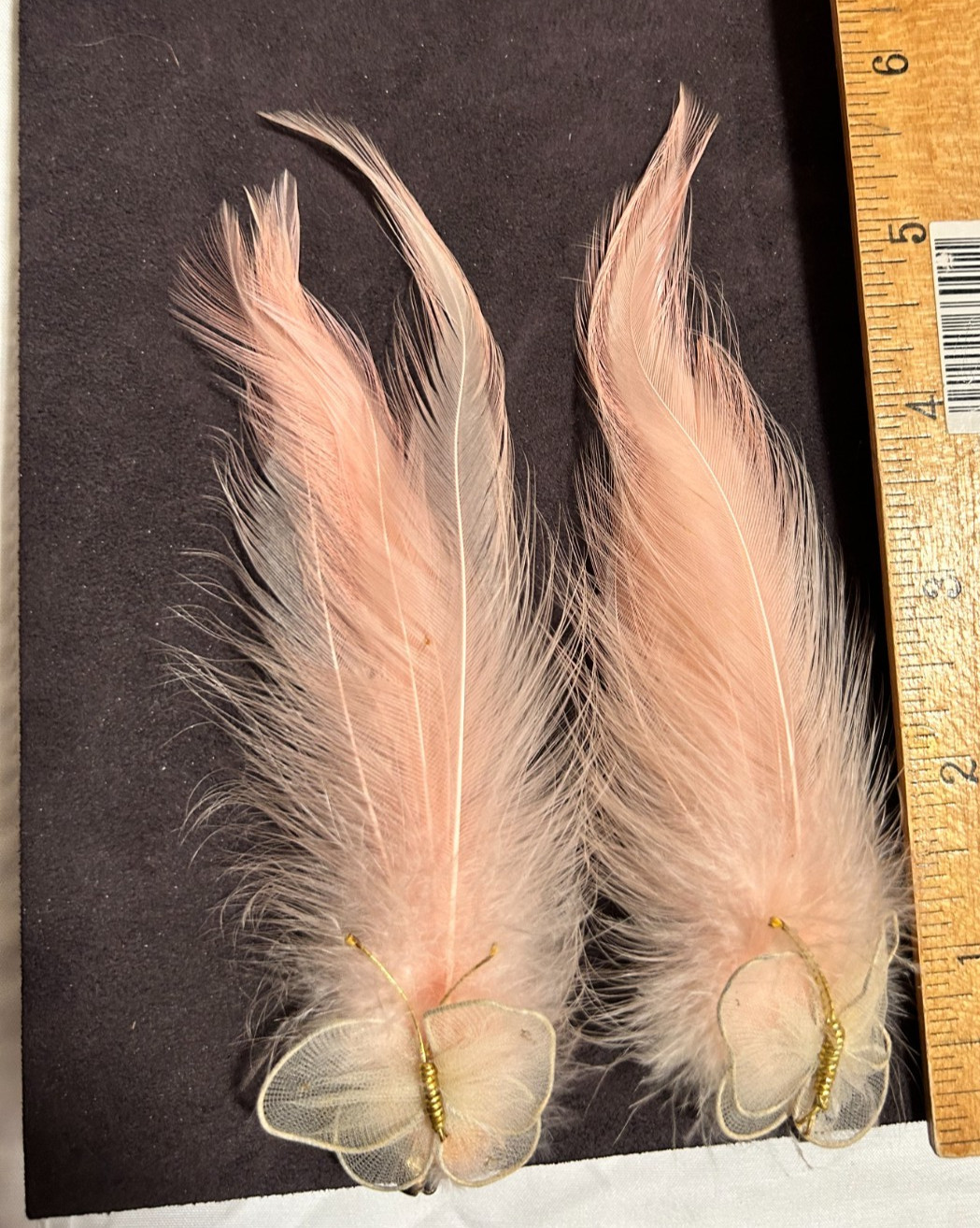 Vintage 1950’s Real Feather Butterfly Pink Special Occasion Earrings Clip-On 6″