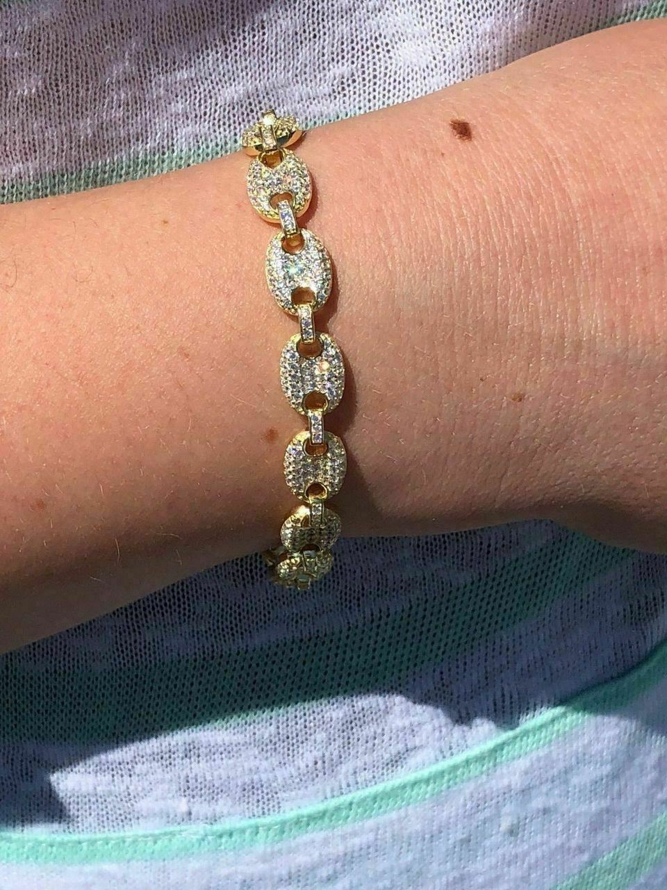 8mm Gucci Link Bracelet 14k Gold Plated Solid 925 Sterling Silver CZ Mariner ICY