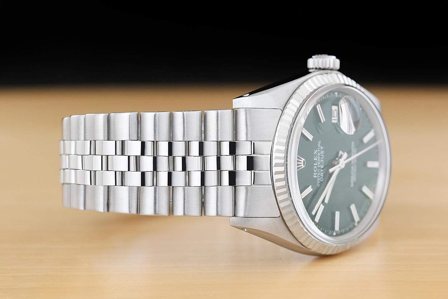 ROLEX DATEJUST 1601 18K WHITE GOLD STEEL GREEN DIAL FOLDED BRACELET WATCH