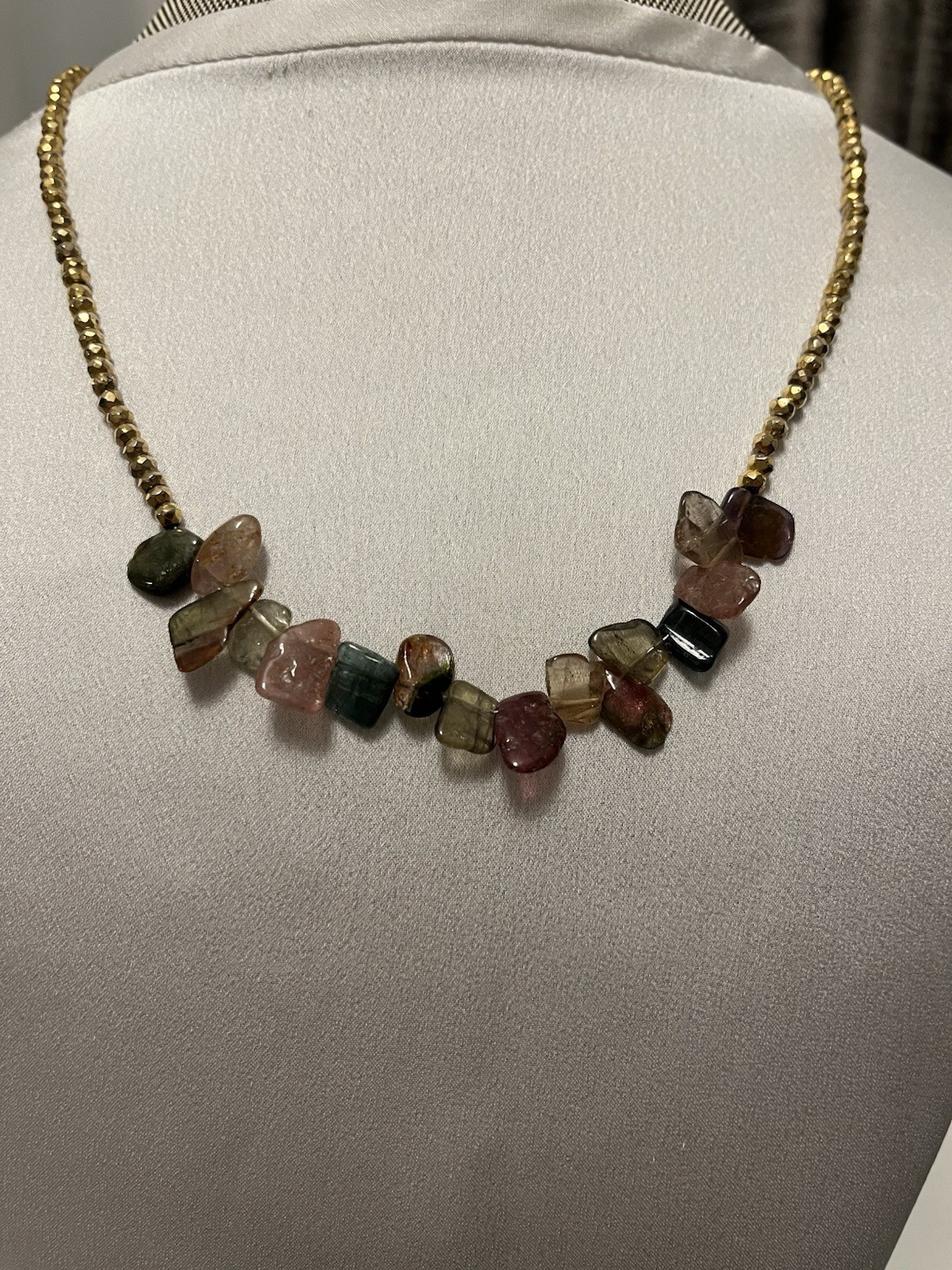 Natural Raw Tourmaline Chip Bar Necklace Gold Faceted Metallic Bead Boho Dangle