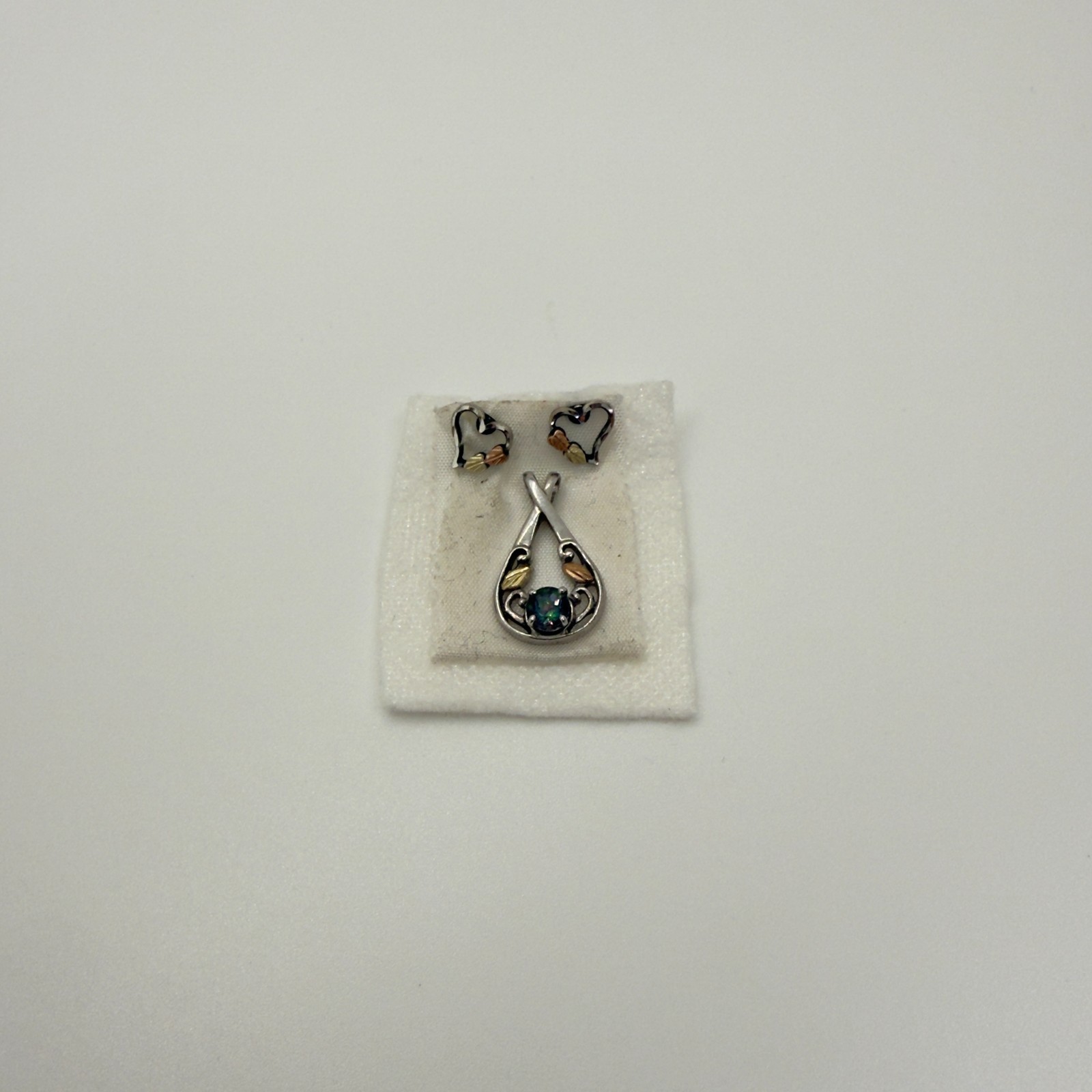 Landstrom’s Black Hills Gold Silver Heart Stud Earrings Mystic Topaz Pendant Set