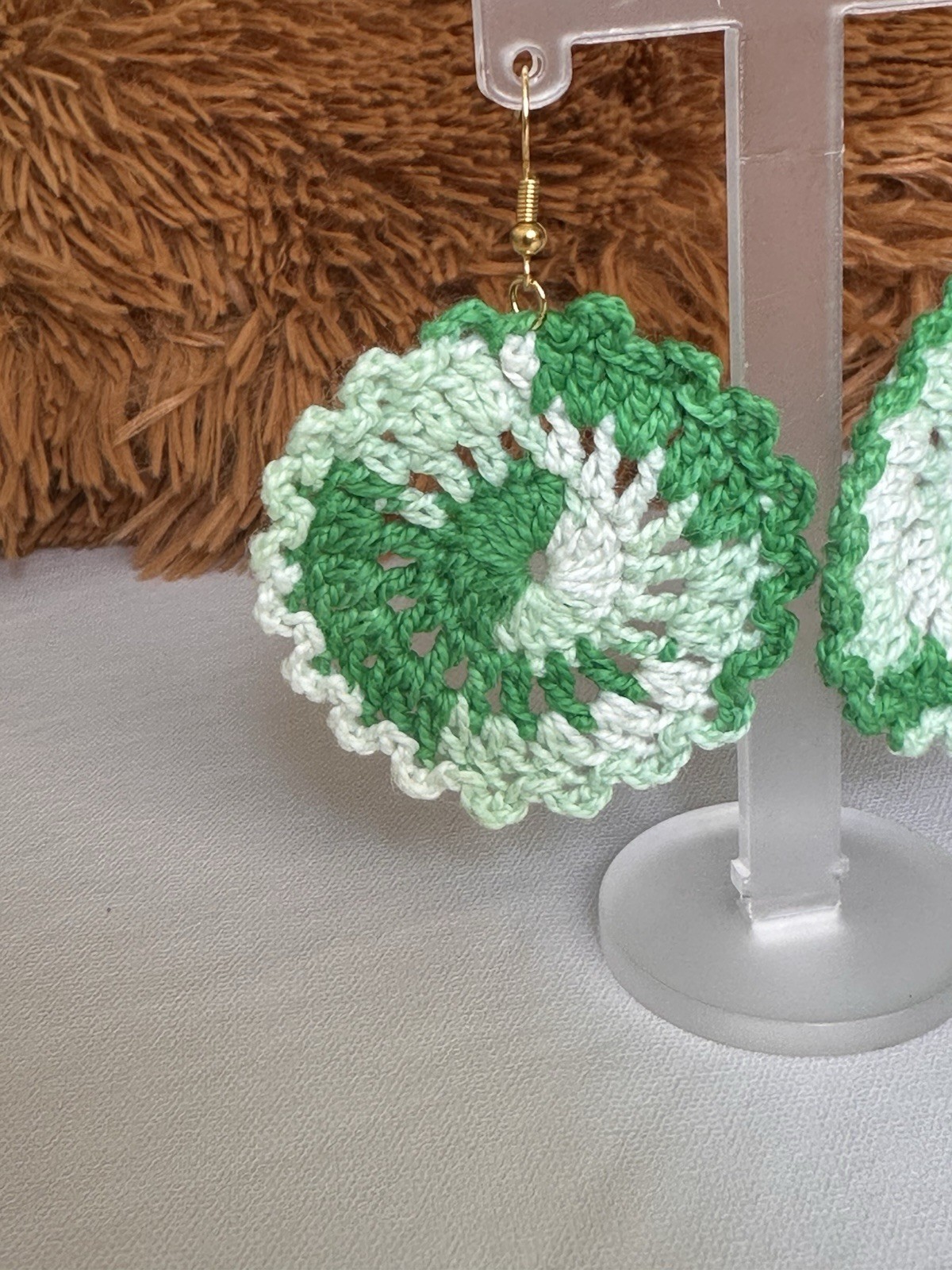 Handmade Crochet Flowers Earrings|Boho Light weight Dangle Earrings Green&cream