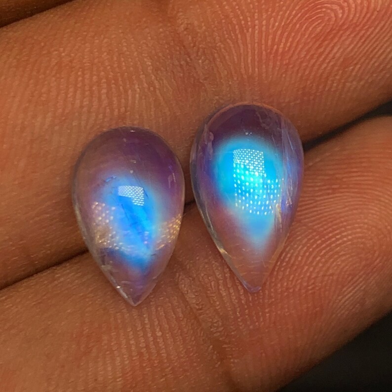 AAAAAA Quality Rainbow Moonstone Blue Fire Pear Shape Cabochon Size 9.5×14-9X15