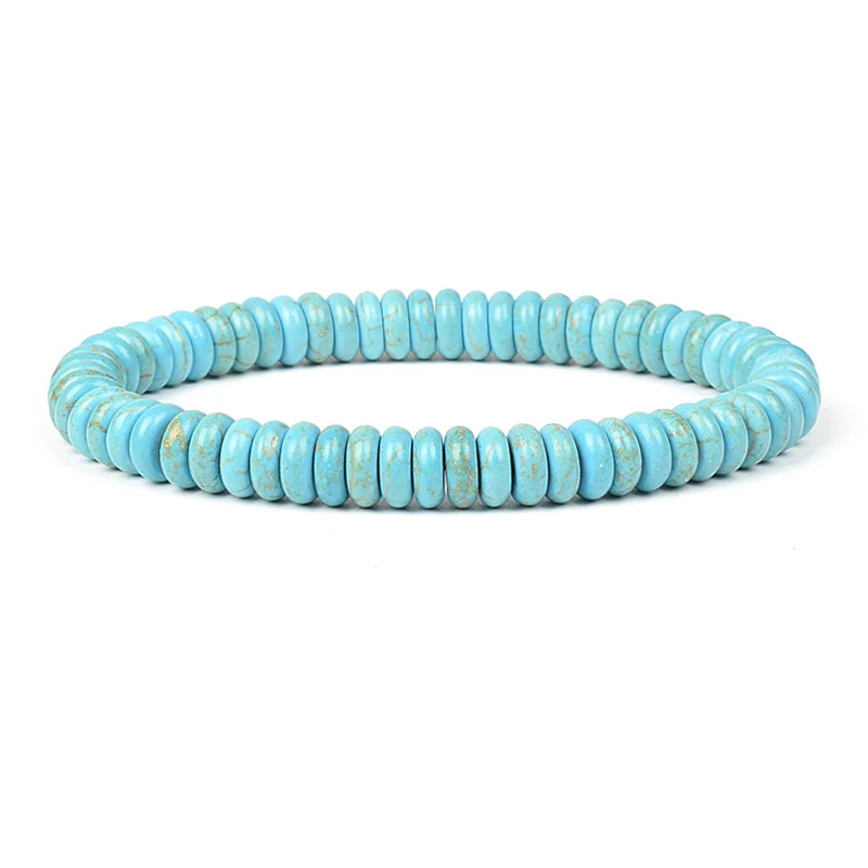 Natural Blue Turquoise Cube & Cylindrical Beads Bracelet Elastic Cord Unisex