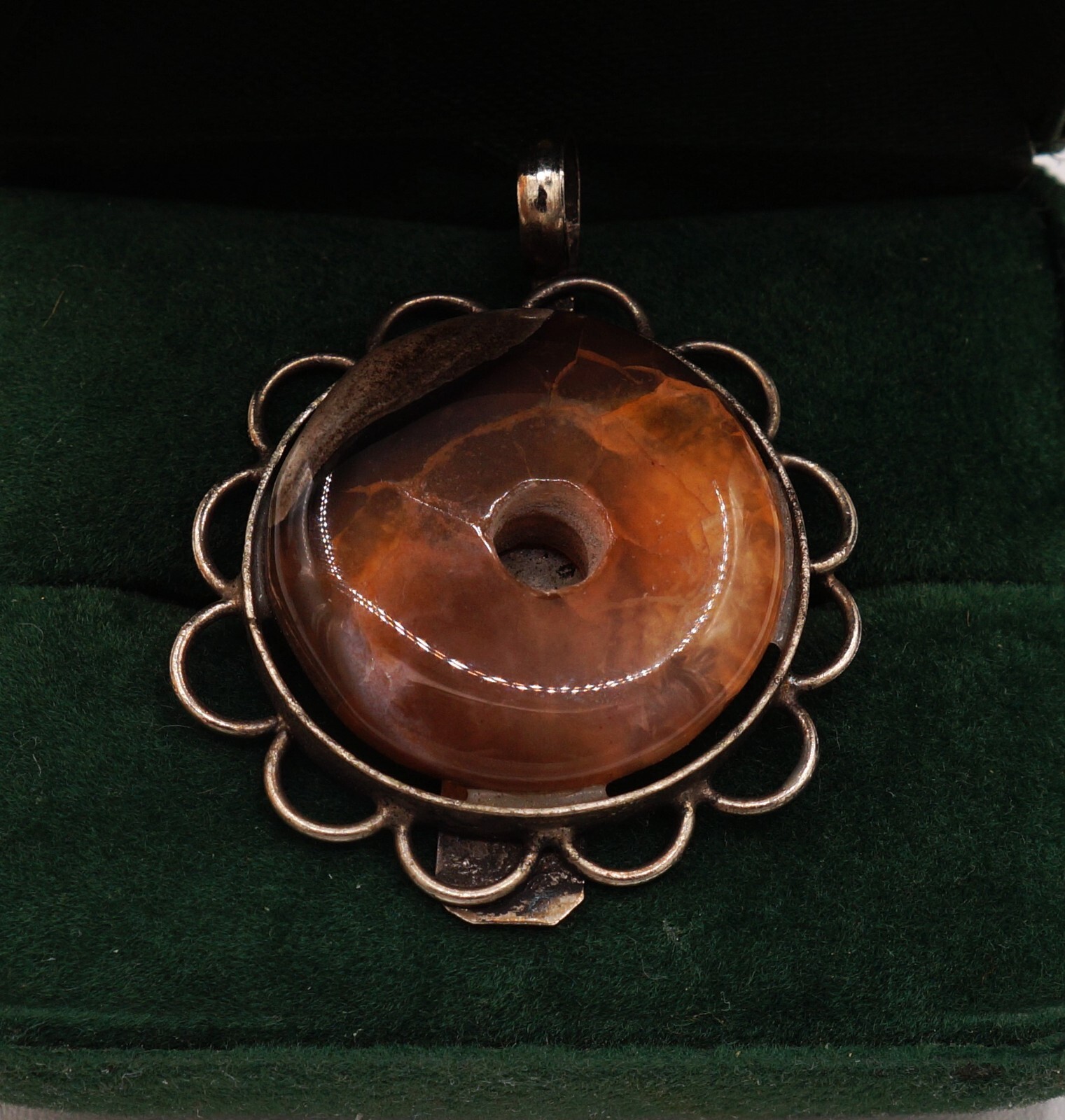 Vintage Black & Golden Brown Disc Agate Handmade Silver Filigree Pendant