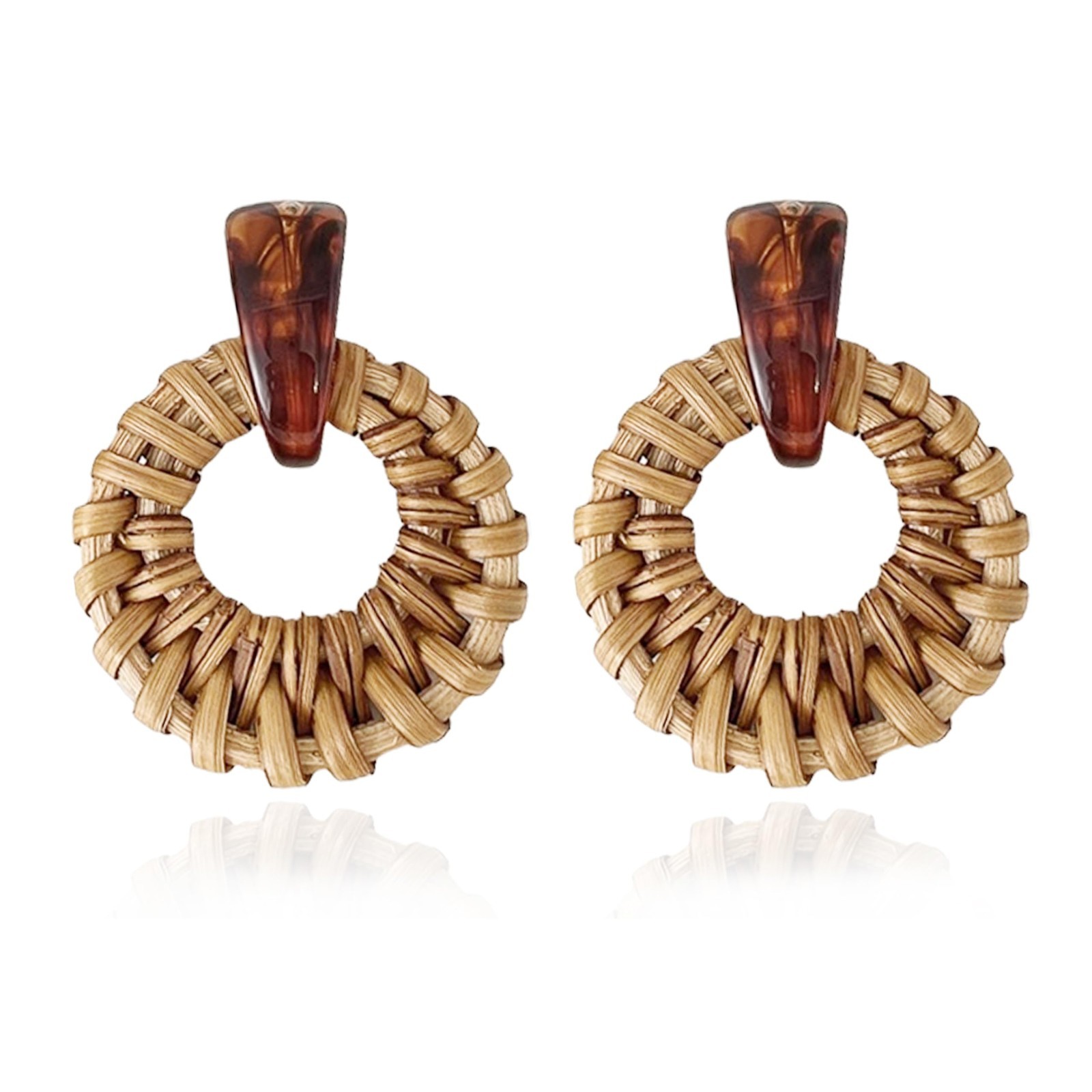 Handmade Rattan Round Drop Dangle Earrings for Women, Lightweight Summer Beach W