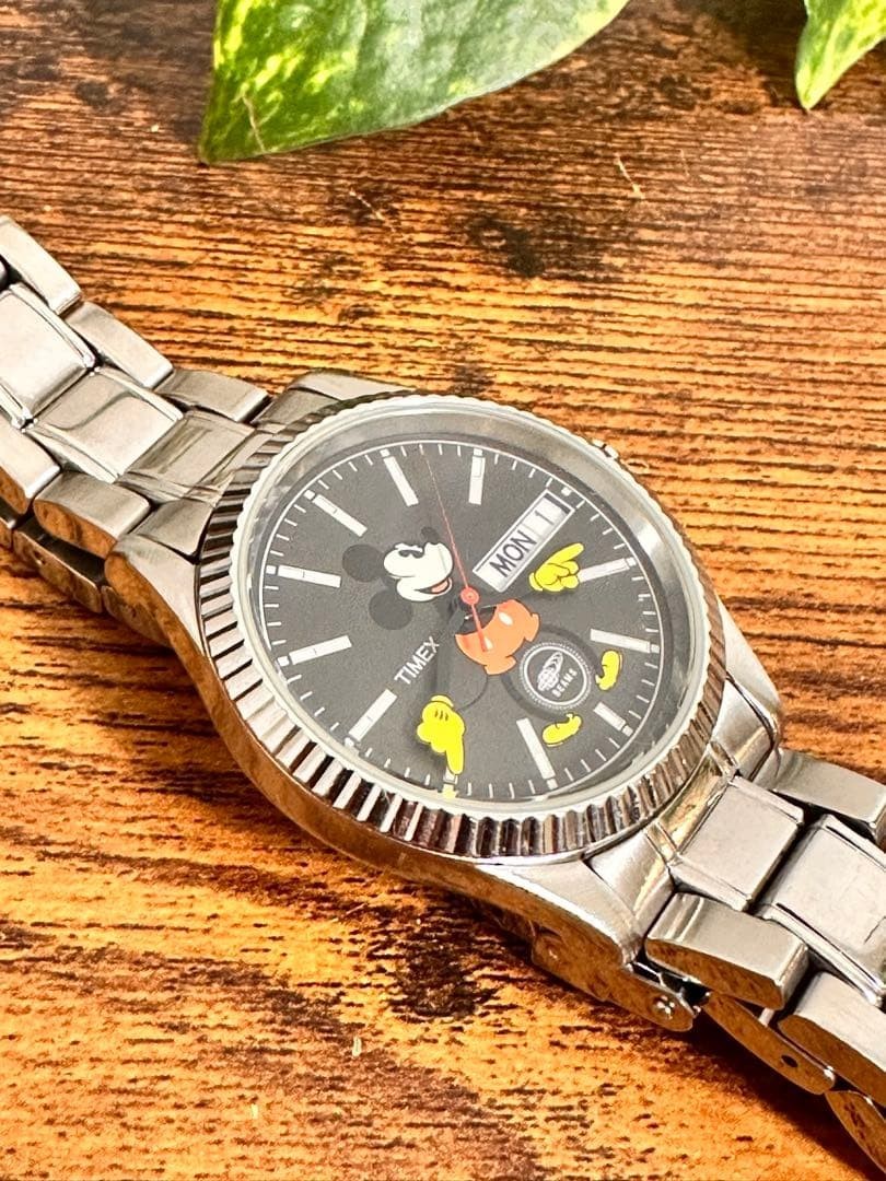 BEAMS × TIMEX Mickey Mouse Wristwatch Black/Silver Anime Manga from Japan Used
