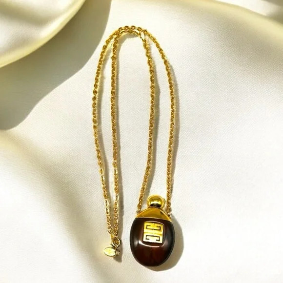 Vintage Givenchy 1977 Perfume Pendant Monogram Logo Tortoise Shell Stone 28″