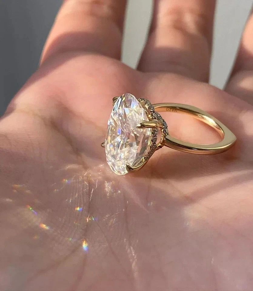 White Moissanite 4.50 Ct Oval Cut Hidden Halo Engagement Ring 14K Yellow Gold FN